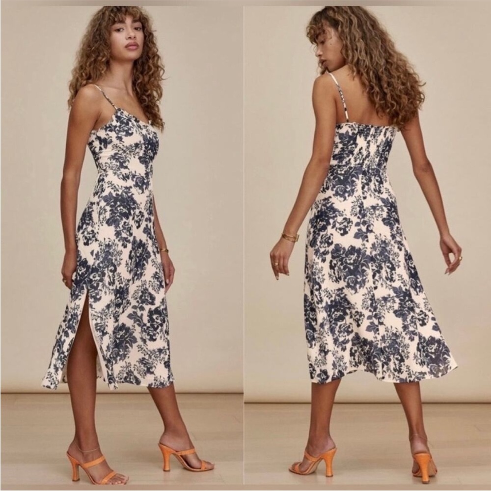 Reformation Womens Cassandra Dress Size 8 Cream Blue Madame Midi Wedding Party